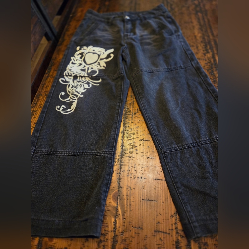 Black Jeans with White Heart Design